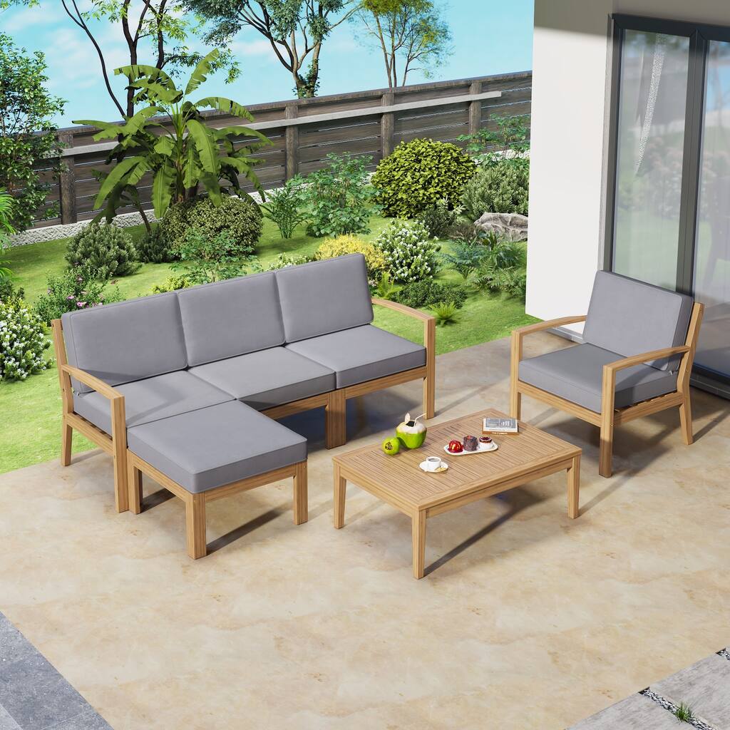 6-Piece Acacia Wood Frame Patio Sectional Sofa Set With Coffee Table And Removable Cushion For Garden Backyard Patio