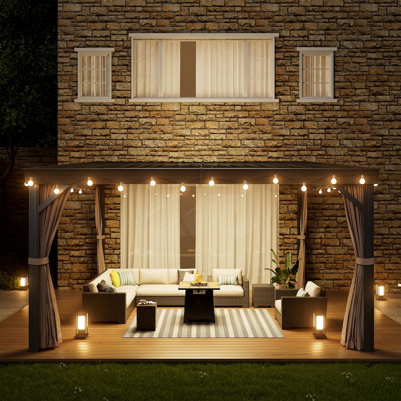 12x14ft Wall-Mounted Aluminum Patio Gazebo with Galvanized Steel Roof