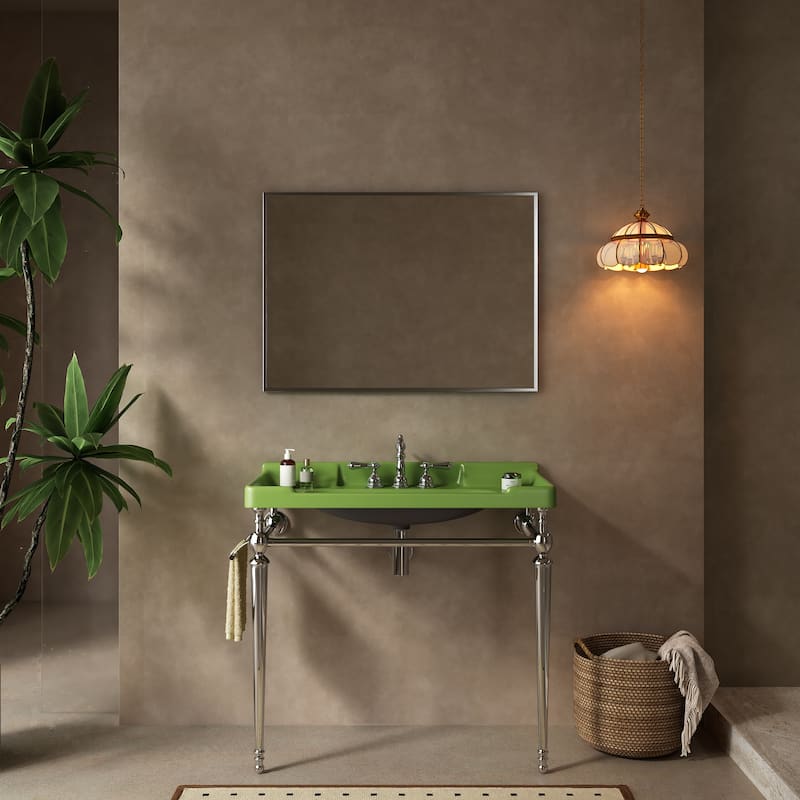 28" Wall-Mounted Console Sink with Stainless Steel Legs, White Ceramic Vanity Basin & Towel Bar - Chrome+Green