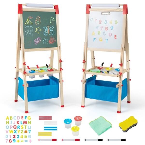 slide 2 of 10, 3-in-1 Kids Wooden Art Easel with Magnetic Chalkboard & Whiteboard, Height-Adjustable Drawing Board  Natura/Blue