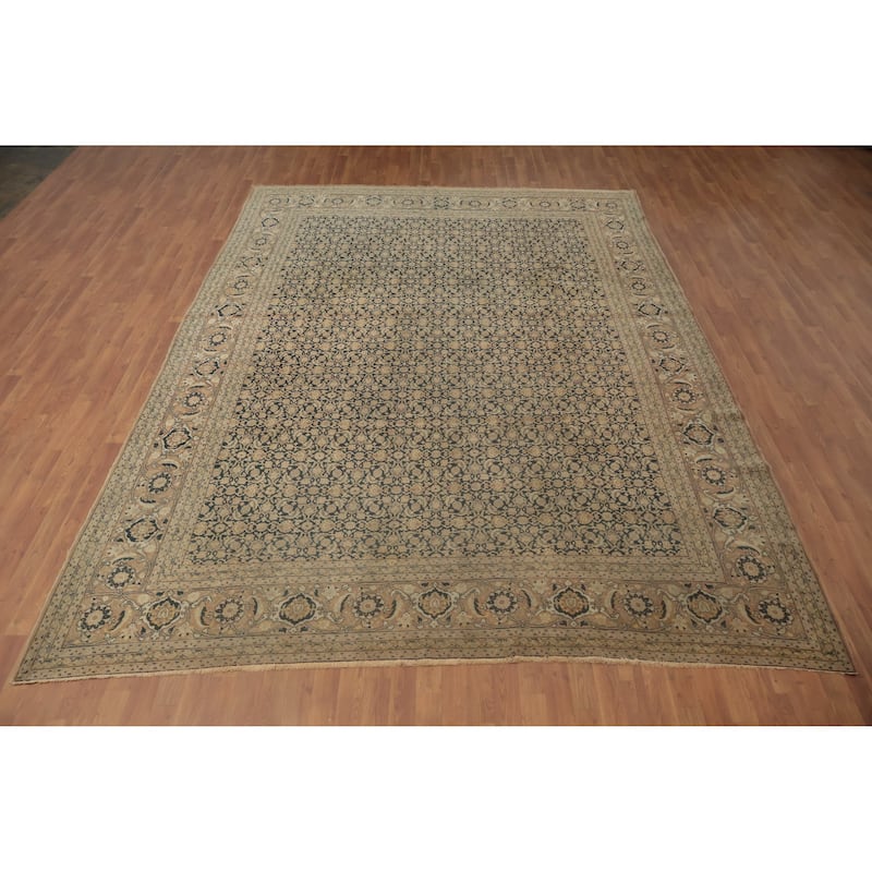 Hand Knotted Oriental 100% Wool Carpet Traditional Floral Navy Blue & Blues Tabriz (Haj Jalili) Area Rug - 12' 11'' X 9' 4''