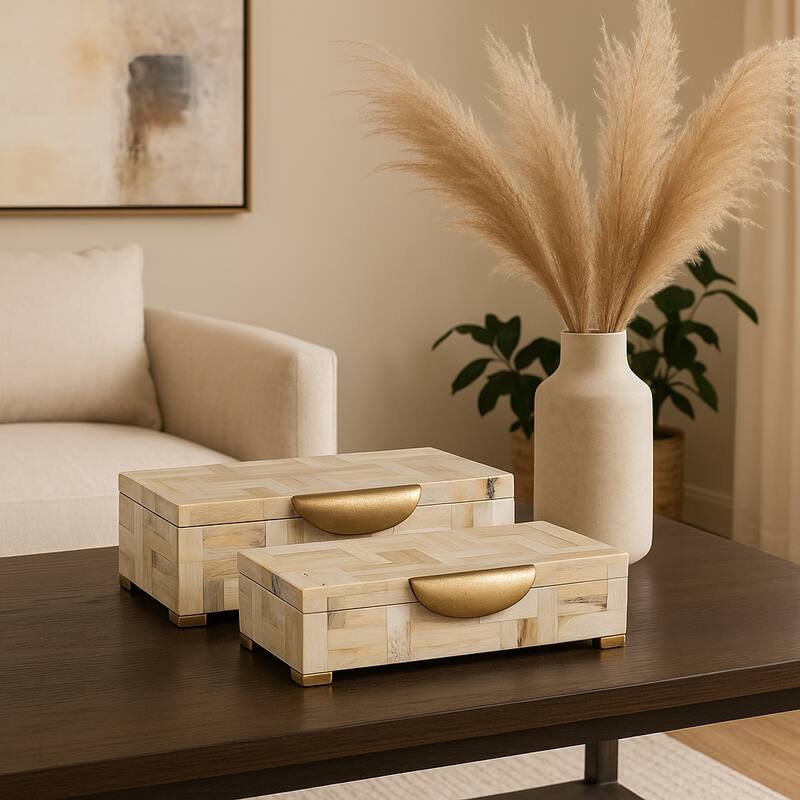 Resin Wood Decorative Boxes Handles Mosaic (Set of 2) - 5" & 4" Tan - 14" x 8.5" x 4.5"