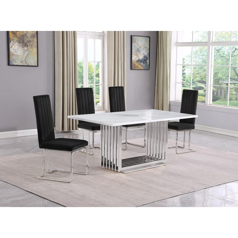 Best Quality Furniture D310/1-SC340-7 Dining Set with 68" White Marble Top - 5-Piece - Black / Silver