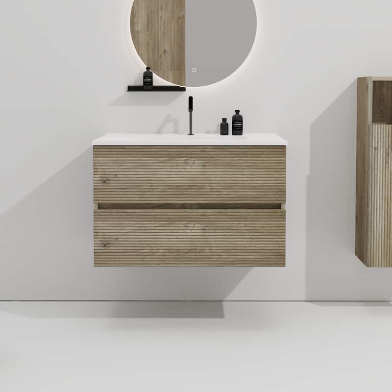 30" Wall-Mounted Bathroom Vanity with Integrated Ceramic Sink & Overflow, Large Storage Floating Cabinet