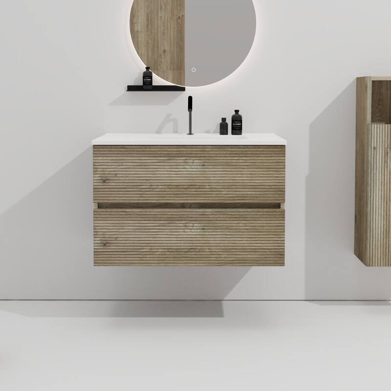 GDFStudio - Gloria Modern Wall-Mounted Floating Bathroom Vanity with Integrated Ceramic Basin & Soft-Close Drawers - 30" - Oak+3 faucet holes