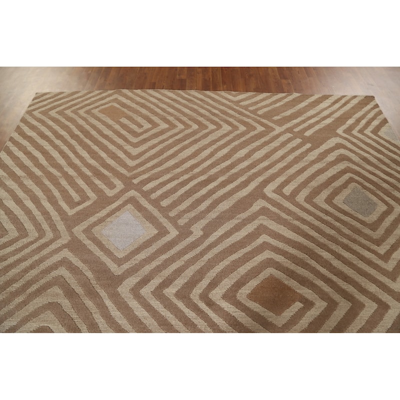 Geometric Modern Oriental Area Rug Handmade Wool Carpet - 8'11" x 11'8"
