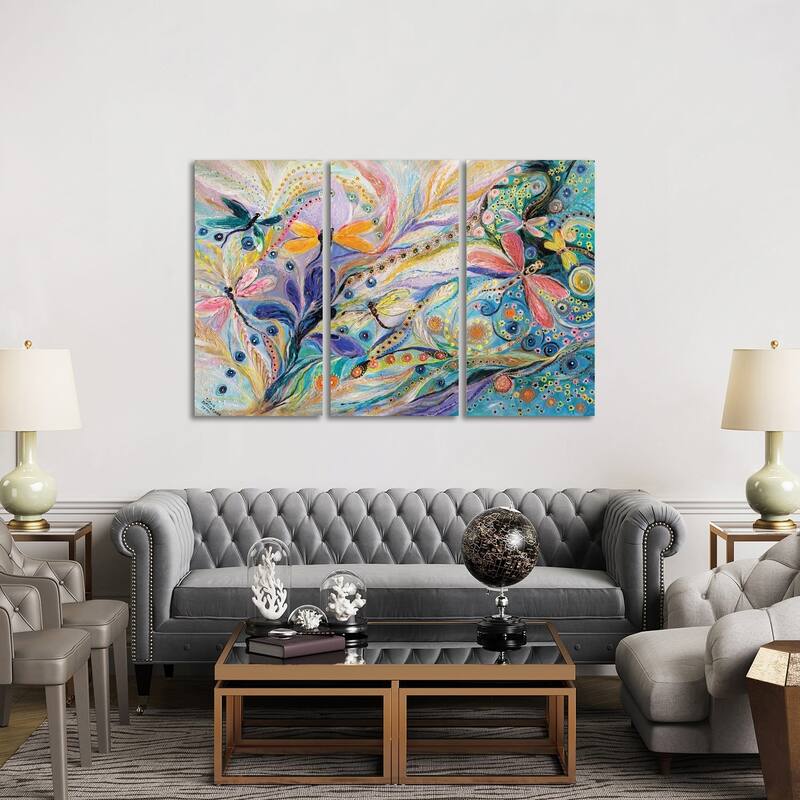 iCanvas "The Flowers And Dragonflies" by Elena Kotliarker 3-Piece Canvas Wall Art Set - 40x60x1.5