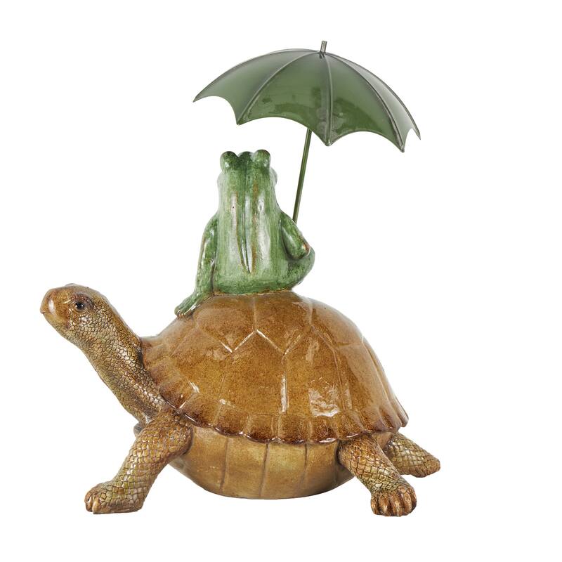 Bronze Resin Sitting Frog Decorative Sculpture with Umbrella and Brown Walking Turtle