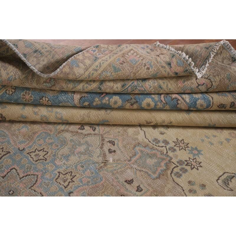 Hand Knotted Oriental 100% Wool Carpet Traditional Floral Yellow & Gold Mashad Area Rug - 11' 11'' X 9' 5''