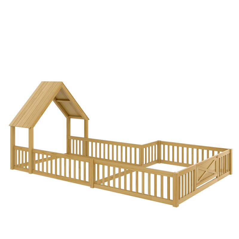 Montessori Floor Bed for Toddler Kids, L Shape House Bed with Door and Guardrails, Double Bed Frame Design for Sleeping and Play