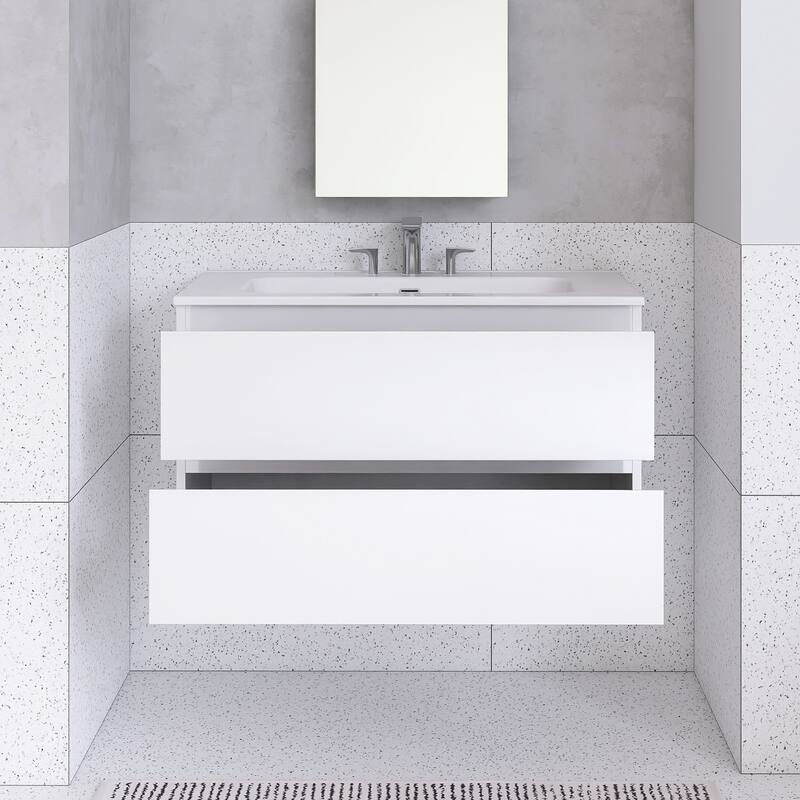 Floating Integrated Bathroom Vanity with Ceramic Sink, Three Faucet Holes