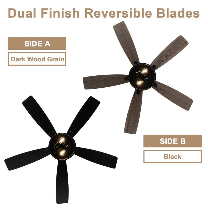 Bella Depot 52" Black Modern Flush Mount Ceiling Fan with Light and Remote