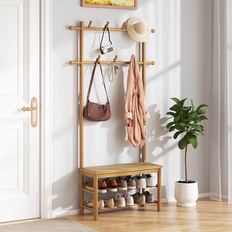 Costway Bamboo Coat Rack with Bench Shoe Storage 2 Hanging Rods 11 - See Details
