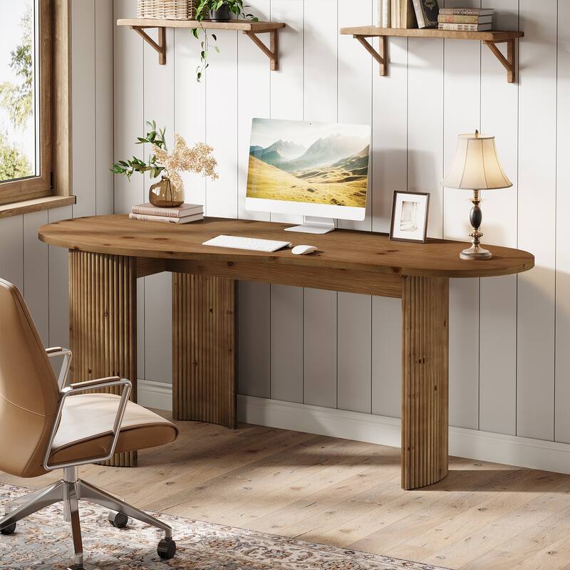 Solid Wood Executive Desk, Curved Small Computer Desk with Sturdy Fluted Legs