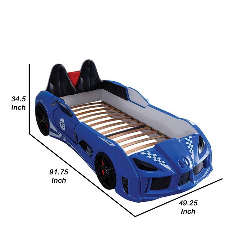 Ticy Twin Size Car Bed w Remote Control LED, Faux Leather Upholstery, Blue