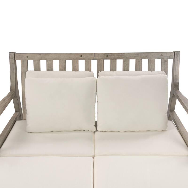 Anmytek Acacia Wood Patio Daybed with Four Pillows and Curved Armrests Outdoor Lounge Bed