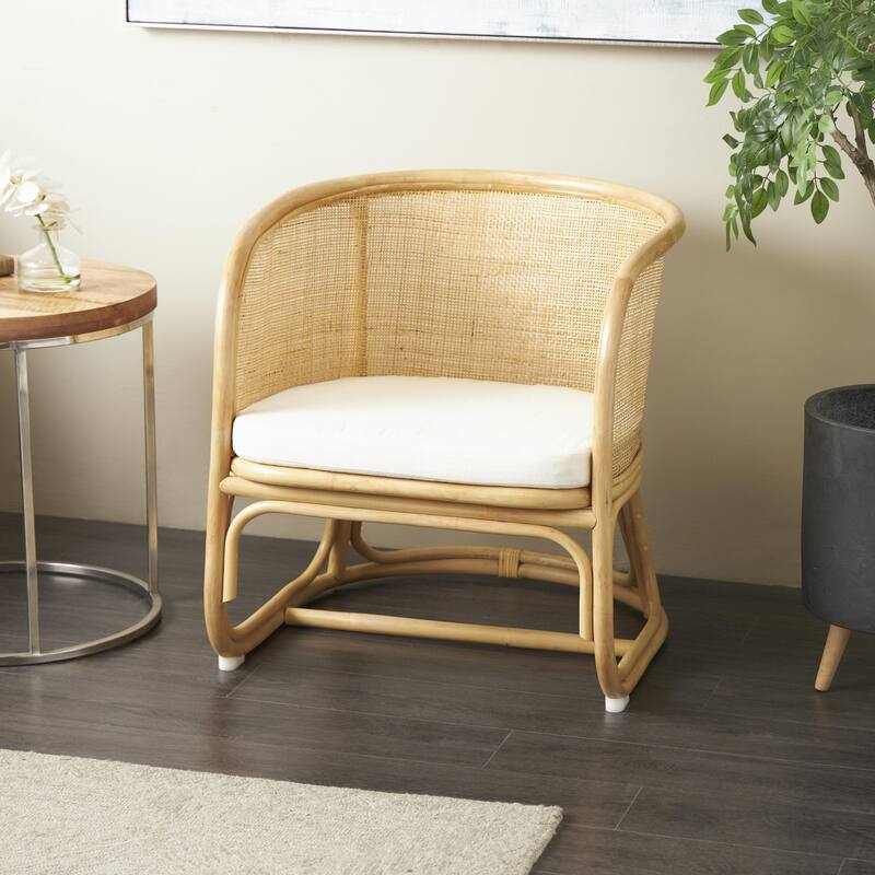 Light Brown Rattan Woven Rounded Living Room Accent Chair with White Fabric Cushion - Light Brown