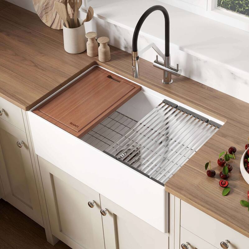 Ruvati 30 inch Fireclay Workstation White Farmhouse Kitchen Sink Apron Front Single Bowl - RVL2182WH - 30 x 18
