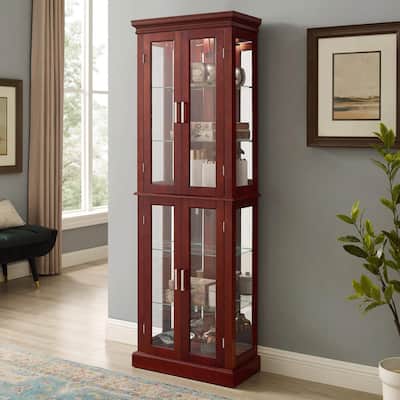 Lighted Walnut Curio Display Cabinet: Adjustable Shelves, Mirrored Back, Tempered Glass Doors (6 Tier)