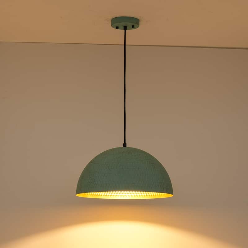15.7" 1-Light Retro Antiqued Green Hammered Dome Pendant with Gold Interior Hanging Light for Dining Room