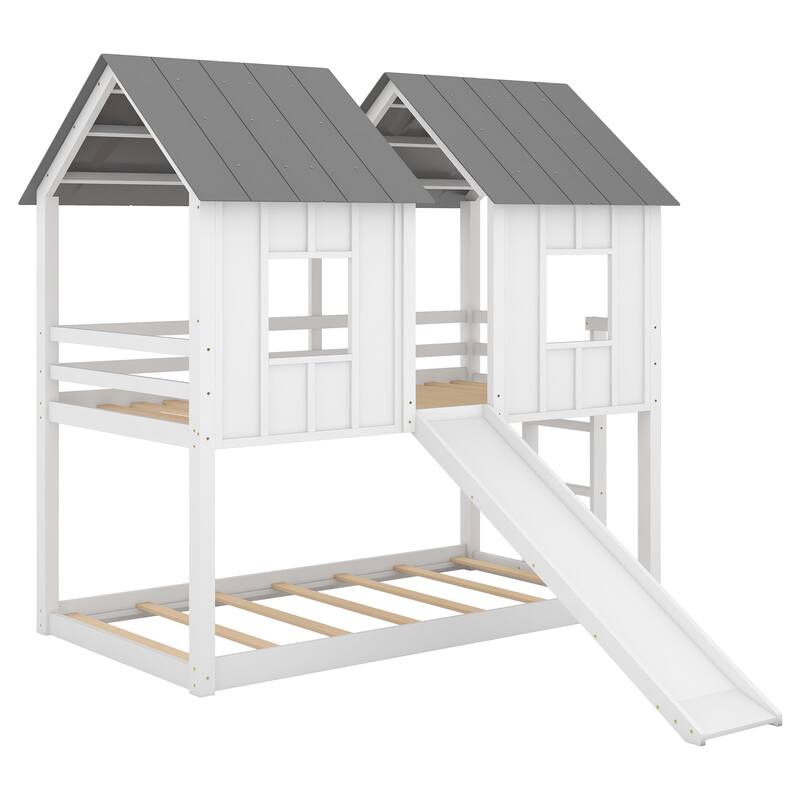 Roomfitters Twin over Twin House Bunk Bed with Slide and Window Design, White