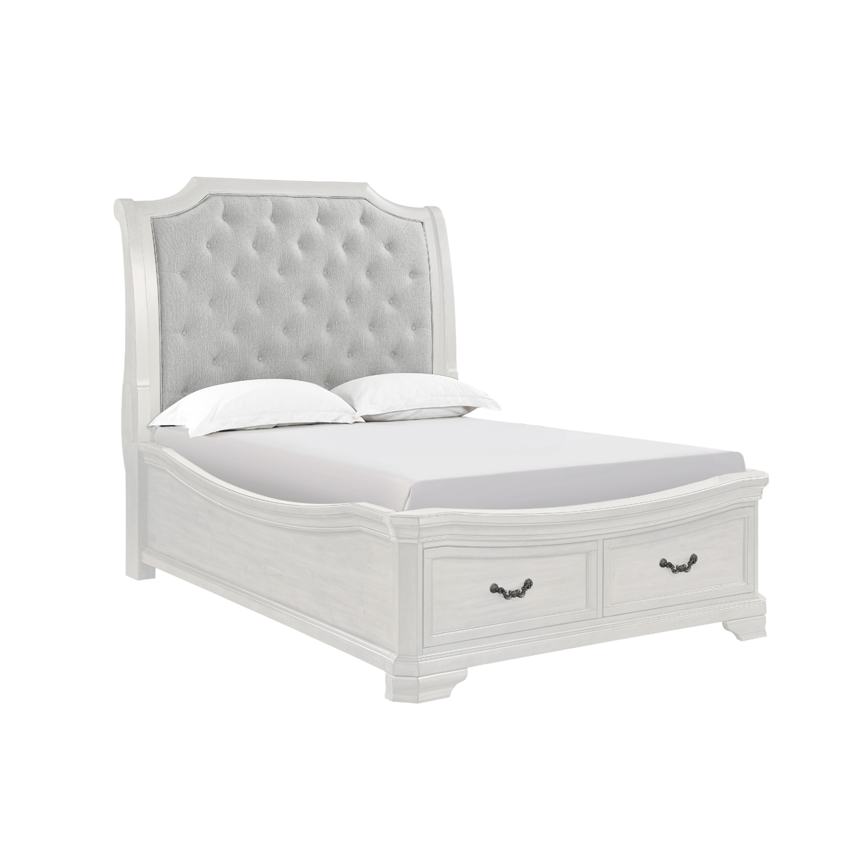 Lynda Queen Bed, Gray Button Tufted Design, 2 Drawers, Vintage White