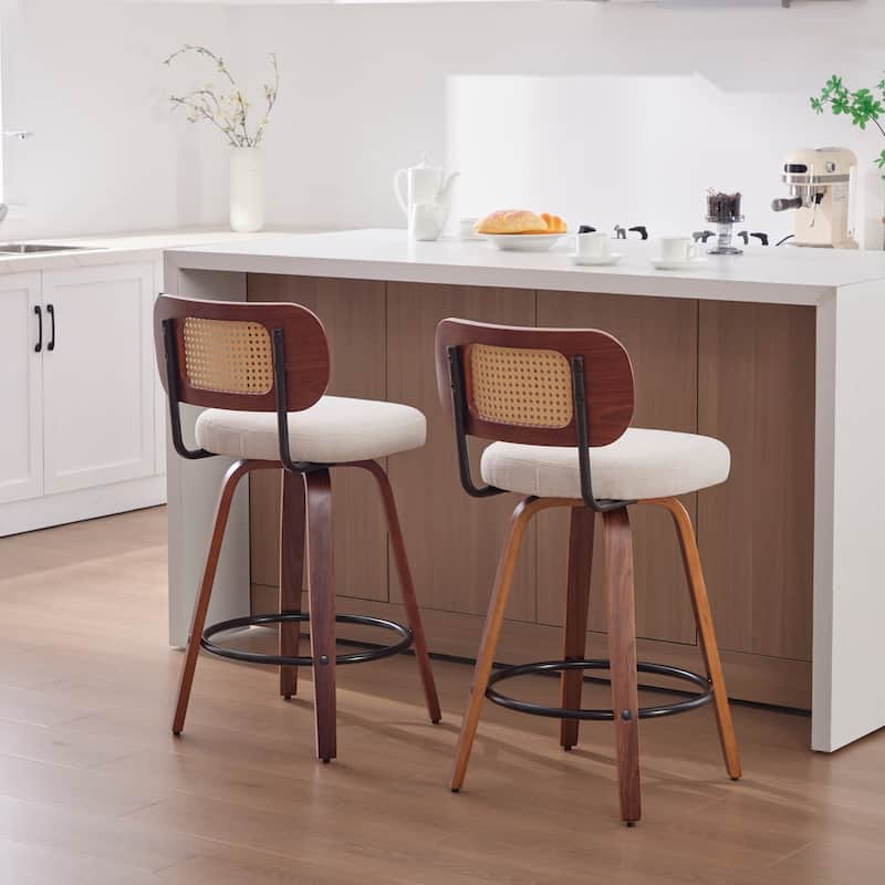 Linen Upholstered Swivel Bar Stools Set of 2, Counter Height Bar Stools with Rattan Back, Kitchen Island Chairs with Footrest