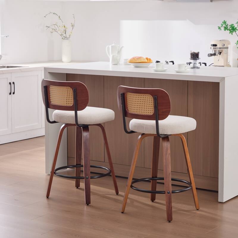 Roomfitters Upholstered Swivel Bar Stools Set of 2 with Rattan Back and Wood Legs, Modern Counter Height Dining Chairs