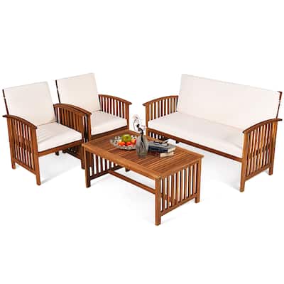 Costway 4PCS Patio Solid Wood Furniture Set Conversation Coffee Table - 4-Piece Sets