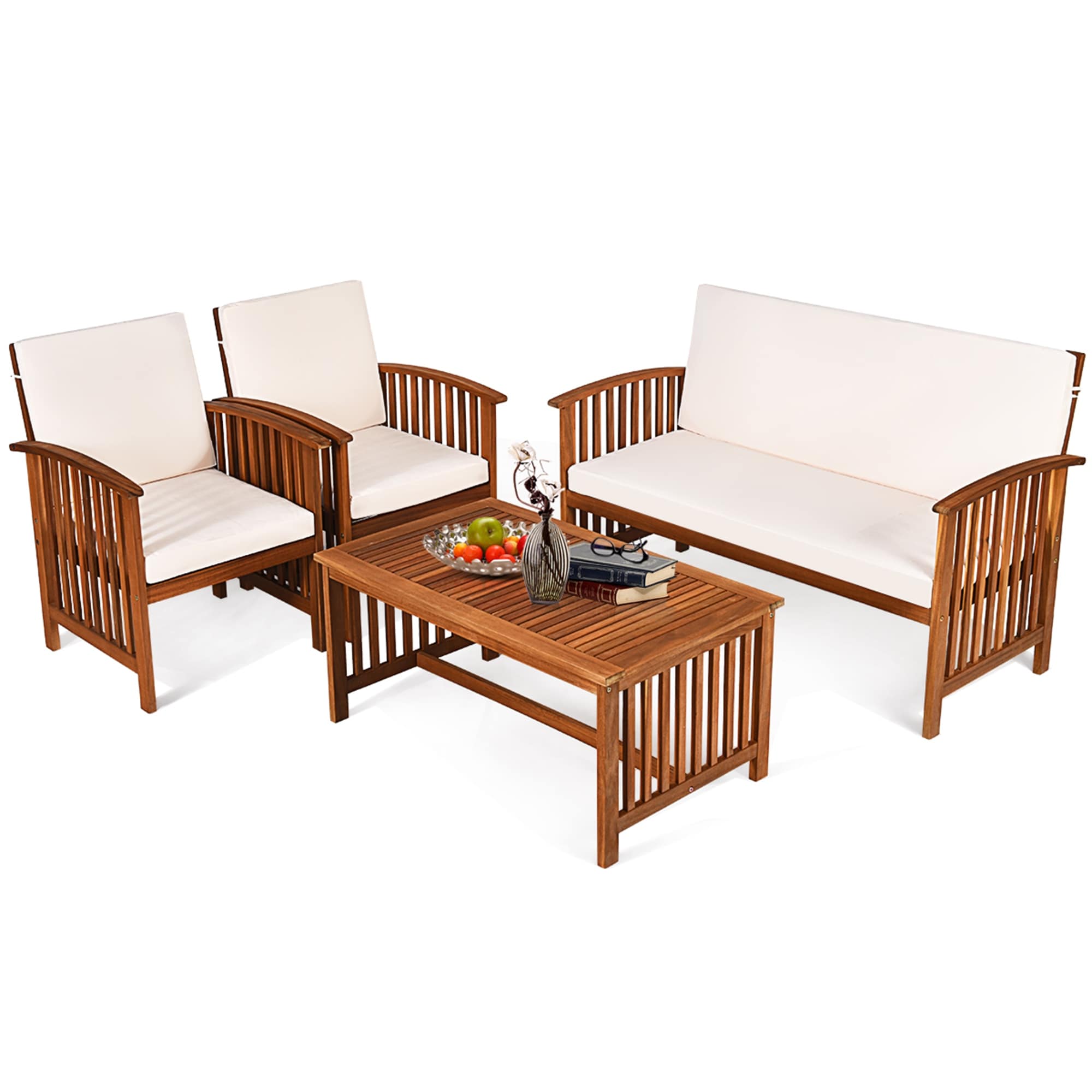 Costway 4PCS Patio Solid Wood Furniture Set Conversation Coffee Table - 4-Piece Sets