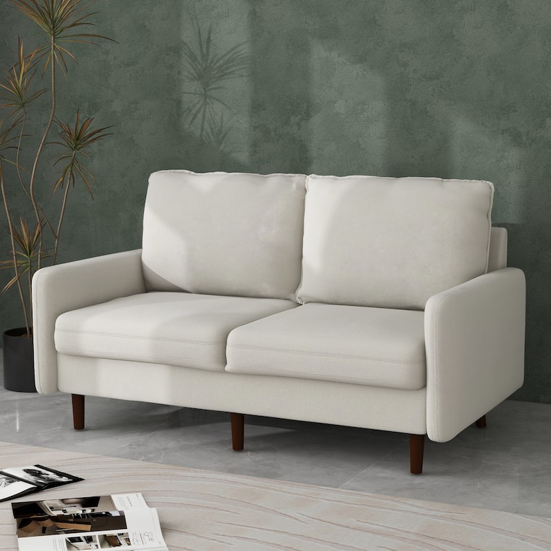 Modern Velvet White Loveseat With Wood Legs, 2-Seater Upholstered Sofa