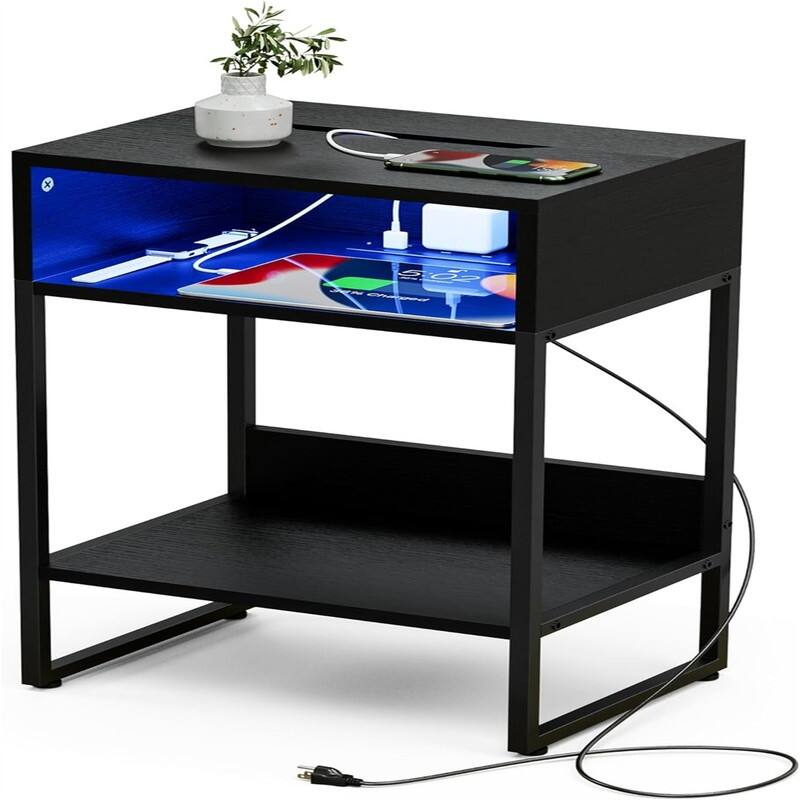 Side Table with Charging Station - Black