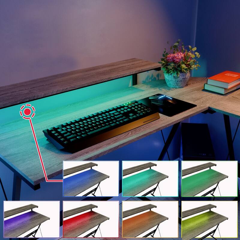 55 Inch Gaming Desk LED L Shaped Computer Corner Desk