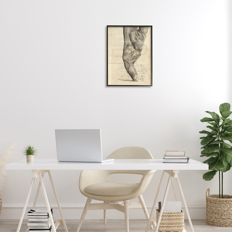 Stupell Ballerina Ballet Slippers Monochrome Vintage Text Collage Framed Wall Art - Brown