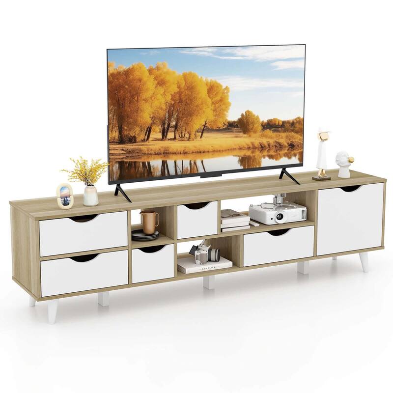 Costway TV Stand for TVs up to 65" with Storage 5 Drawers & 3 Open - See Details - Oak - See Details