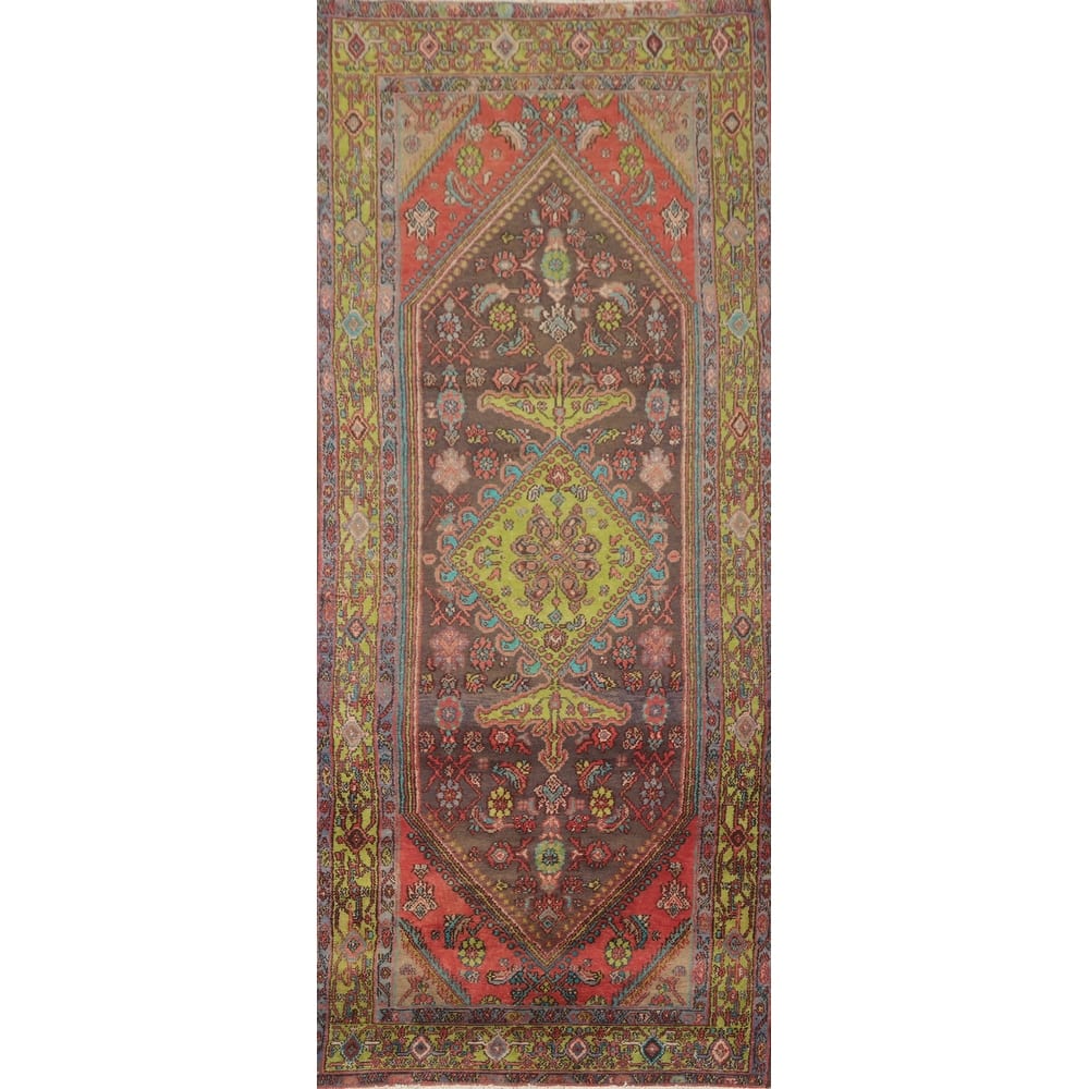 Hand Knotted Oriental 100% Wool Carpet Traditional Floral Brown Hamedan Runner Rug - 10' 8'' X 3' 8''