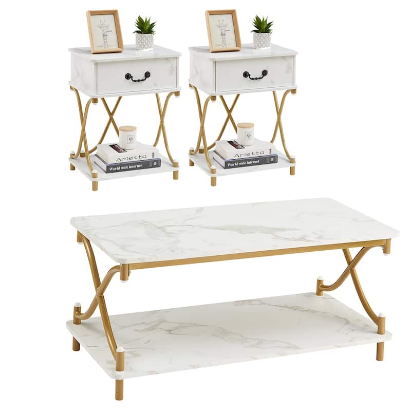 Modern 3-piece Coffee Table, Sofa Table & 1-drawer Nightstand Set of 2(Brown/Black/White) - White Set