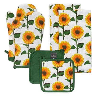 Sunflower 100 Cotton 6pc Kitchen Towel, Pot Holder, Oven mitt Set