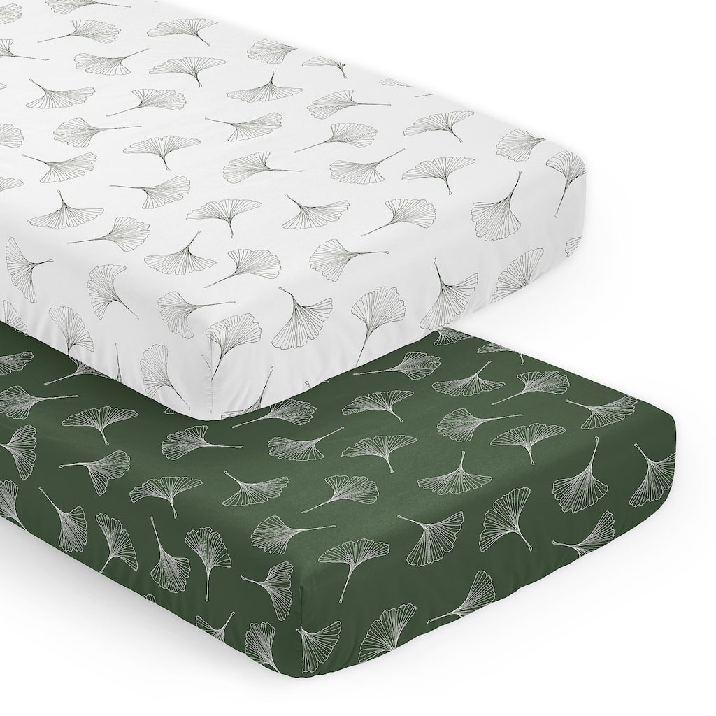 Sweet Jojo Designs Green Woodland Ginkgo Leaf Boy, Girl, Gender Neutral 2 Pack Fitted Crib Sheets - Modern Earthy Vintage Nature