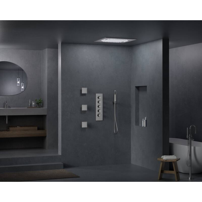 GRANDJOY Thermostatic Shower System 20" Ceiling Mount Shower Head Handheld Spray and Body Jets Combo LED Music