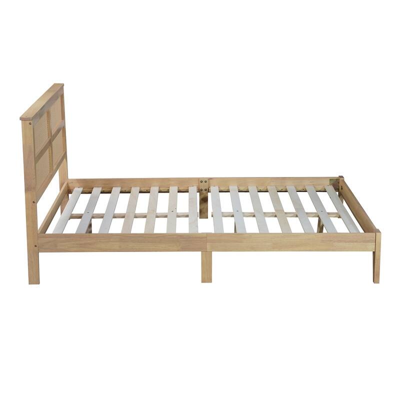 Spruce & Spring Queen Size Wood Platform Bed Frame with Rattan Headboard