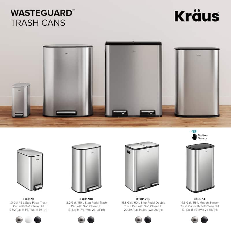 KRAUS WasteGuard 13.2 Gallon 50 Liter Step Pedal Kitchen Trash Can