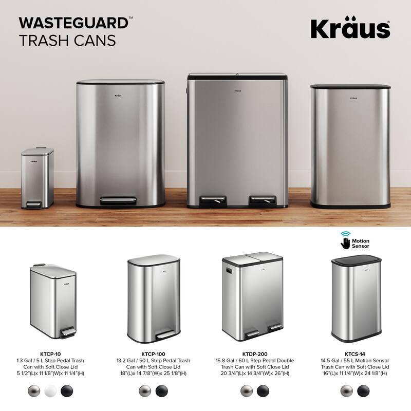 KRAUS WasteGuard 14.5 Gal 55 Liter Motion Sensor Kitchen Trash Can