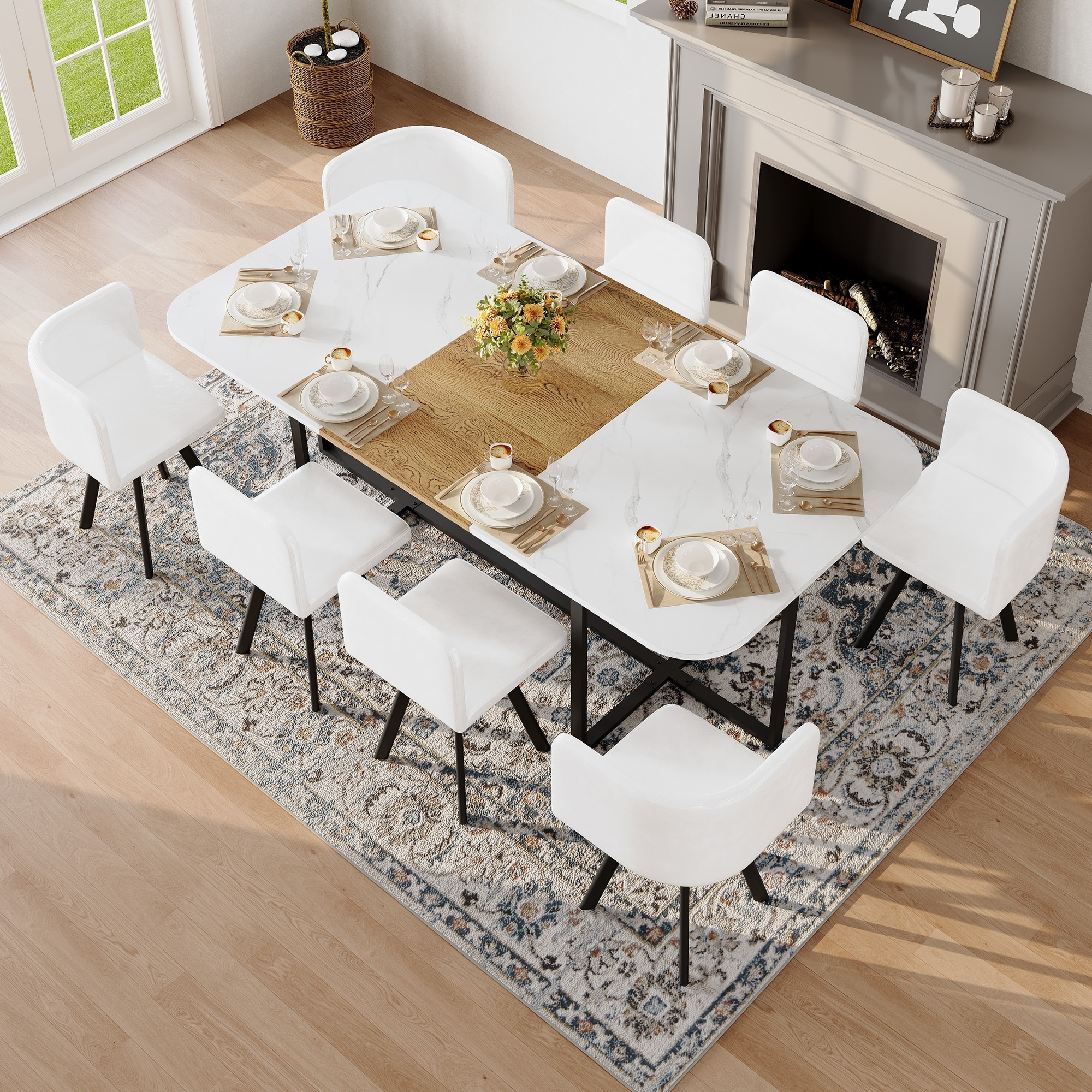 9-Piece Dining Table Set with 8 White Faux Leather Chairs