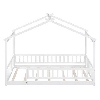 Twin Wooden House Bed with Roof and Fence, Kids Playhouse Frame