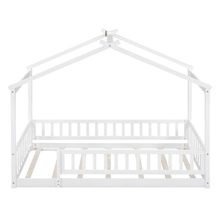 White Twin Wood House Bed Frame with Fence - Charming Kids' Design