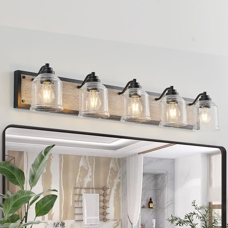 40" Farmhouse Vanity Light Fixture, 5-Light Bathroom Wall Sconce with Clear Seeded Glass Shades, Black and Wood Grain Finish - Black