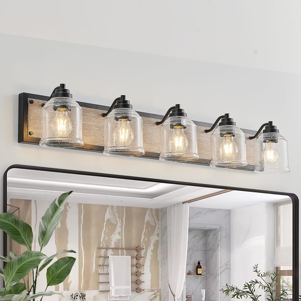 40" Farmhouse Vanity Light Fixture, 5-Light Bathroom Wall Sconce with Clear Seeded Glass Shades, Black and Wood Grain Finish