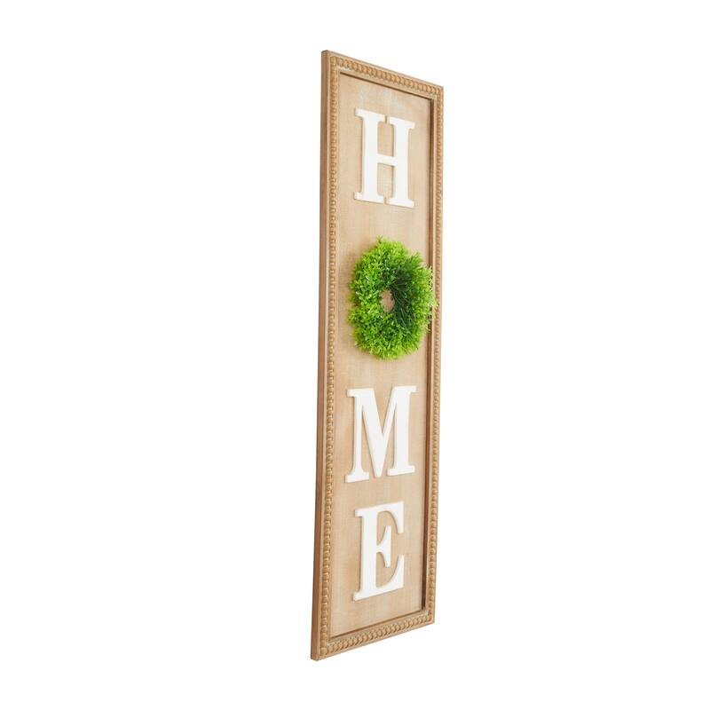 Light Brown Wood Handmade White Lettered HOME Sign Decorative Sign with Beaded Frame and Green Wreath