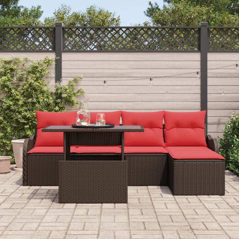 vidaXL 6 Garden Sofa Set with Cushions Black/Brown/Grey Poly Rattan - 90.9 x 46.1 x 27.2
